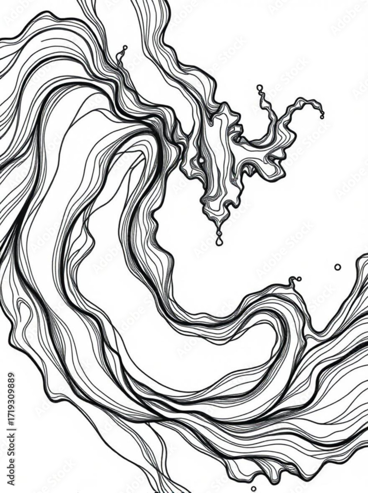 Poster minimilist abstract black and white line art featuring flowing organic shapes and intricate swirling