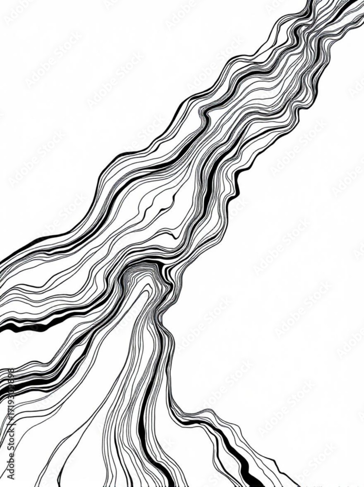 Poster minimilist abstract black and white flowing lines creating a river like pattern on a white backgroun
