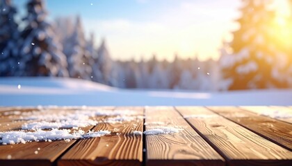 Snowy wood table against a blurred winter landscape with snow-covered trees under a bright, sunny sky with gentle snowflakes