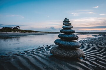 Stacked stones on a beach at sunset