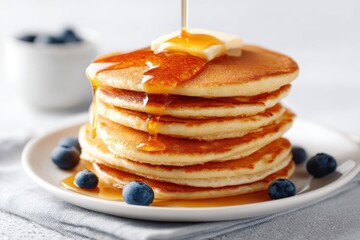 Sweet pancakes with jam and blueberries in plate