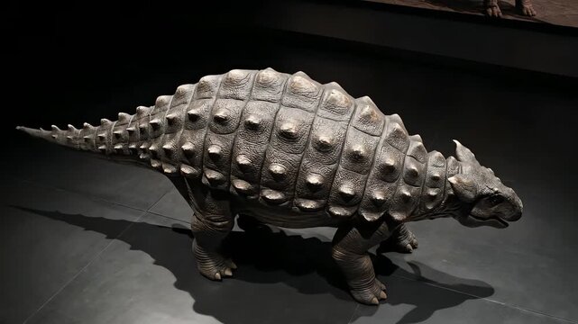 A detailed gray armored dinosaur model, showcasing its thick spiked scales, stands dramatically lit in a mysterious, low-key museum exhibit.