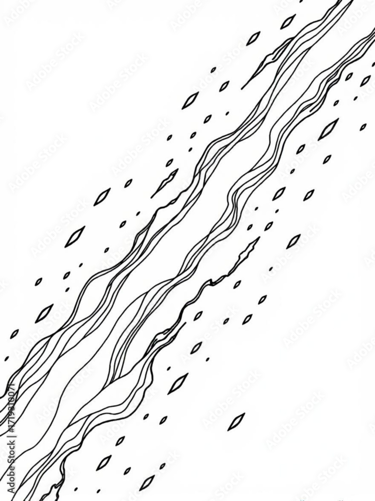 Poster minimilist abstract flowing lines with scattered shapes on a white background creating a dynamic com