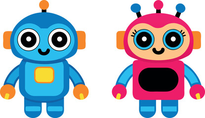 Obraz premium cartoon robot illustration, cute girl robot, funny robot drawing, adorable robot character, smiling robot vector, happy pink robot cartoon, playful girl robot mascot, child-friendly robot design, cart