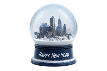 A Happy New Year snow globe with city skyline inside, isolated on a transparent background.