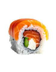 A single, perfectly formed sushi roll, showcasing vibrant orange salmon, creamy white cheese, and a hint of green vegetable within white rice