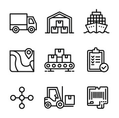 Logistics icons truck ship warehouse conveyor map forklift barcode