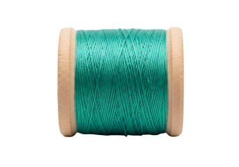Close-up of a teal-colored thread spool, highlighting its wooden casing against a black background.