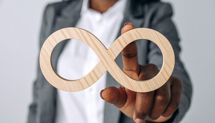 Professional woman pressing wooden infinity sign for modern corporate innovation