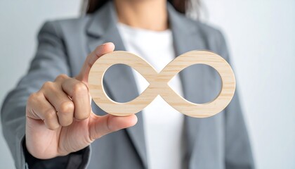 Wooden infinity icon touched by professional woman’s hand for business concept
