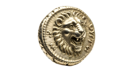 Ancient coin with lion head isolated on transparent background, a symbol of power and courage, used in ancient times for trade and as a status symbol