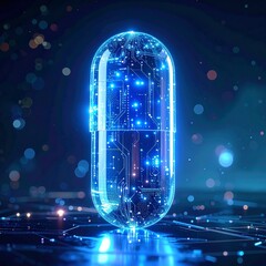 Obraz premium Futuristic concept of a glowing pill embedded with digital circuits representing advanced medicine or biotech.