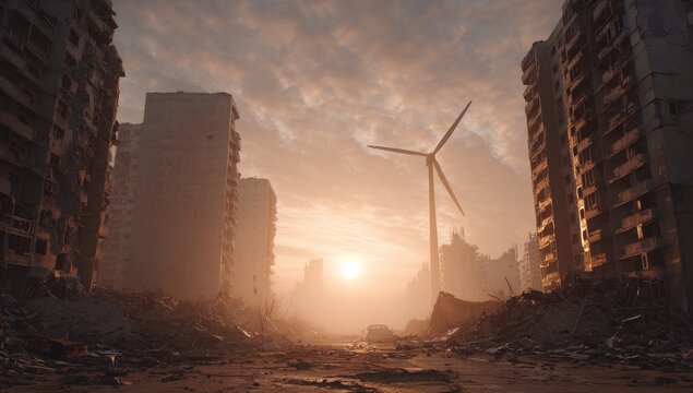 Post-apocalyptic cityscape at sunrise, with wind turbine, ruins, and debris