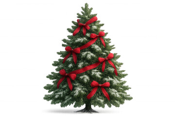 Christmas tree decorating with red ribbon bows and snow, holiday celebration concept on transparent background
