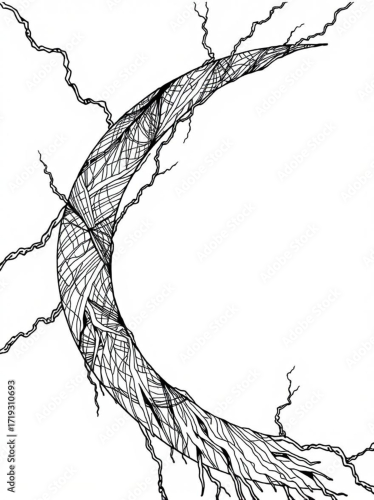 Poster minimilist detailed black and white drawing of a crescent shape with intricate lines and root like s