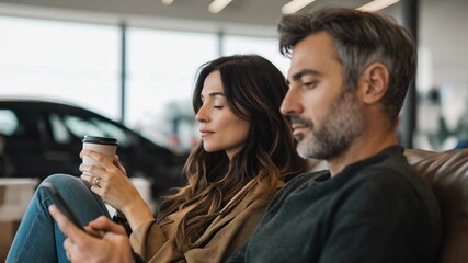 Couple sitting in dealership waiting area while car is being serviced