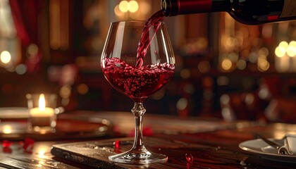 Elegant pour of red wine into a crystal glass, setting a warm and inviting atmosphere with candlelight