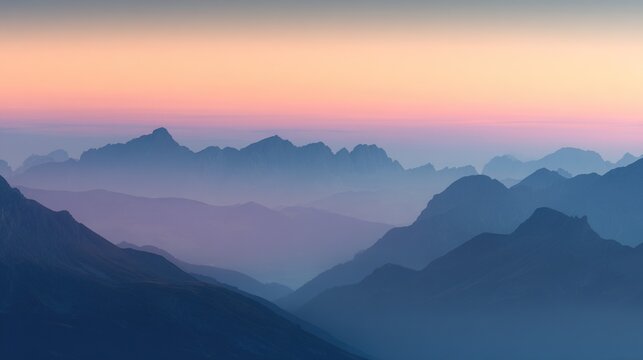 Majestic mountains stand tall under the twilight sky, where soft pink and purple hues blend gently with misty peaks, crafting an ethereal landscape that radiates calm and otherworldly beauty.