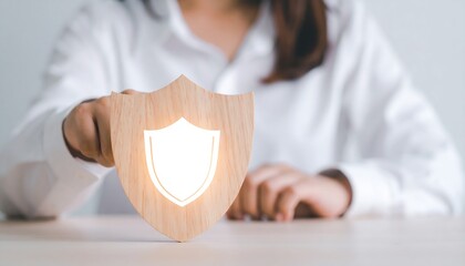 Businesswoman hand interacting with wooden shield icon for data privacy and safety