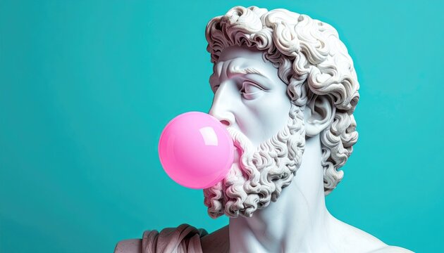 Classical statue with beard is blowing a pink bubblegum bubble, set against a solid cyan backdrop, highlighting a juxtaposition of old and new