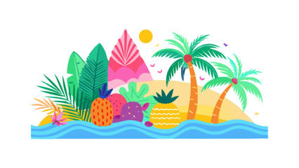 Fototapeta premium Tropical island vacation getaway with palm trees pineapples and ocean waves summer paradise drawing