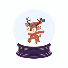 Christmas glass snow globe with reindeer. Crystal ball with a cute smiling deer with hat and scarf. Vector illustration of a snow globe in a simple childish style
