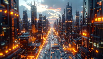 A breathtaking aerial view of a futuristic metropolis glowing with vibrant orange lights at twilight, showcasing advanced urban infrastructure and high-tech architecture and movement