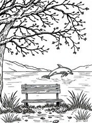 Minimilist a dolphin leaps from the water near a bench under a tree with mountains in the distance in black and white vector