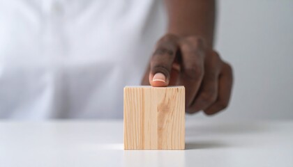 Elegant female hand interacting with wooden square icon for corporate design