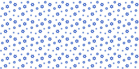 Star of David seamless pattern. Different blue Stars of David scattered on a clean background. Perfect for Jewish holidays, Hanukkah designs, and religious-themed projects. Vector illustration