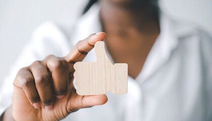 Businesswoman pressing wooden thumbs up icon for approval and leadership concept
