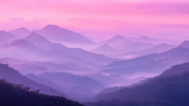 Majestic mountains stand tall under the twilight sky, where soft pink and purple hues blend gently with misty peaks, crafting an ethereal landscape that radiates calm and otherworldly beauty.