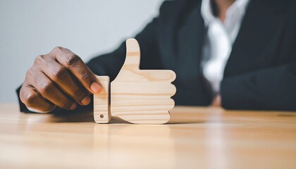Businesswoman hand pressing wooden thumbs up icon symbolizing approval and motivation