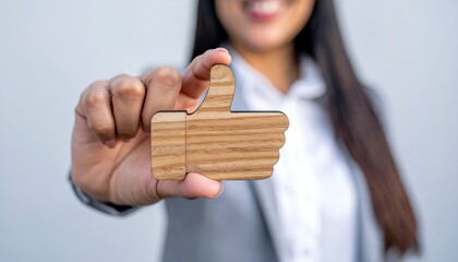 Wooden thumbs up icon pressed by businesswoman hand for success and approval concept