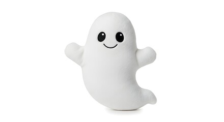 Fototapeta premium Cute smiling white ghost character isolated on a clean white background, perfect for Halloween and spooky season designs.