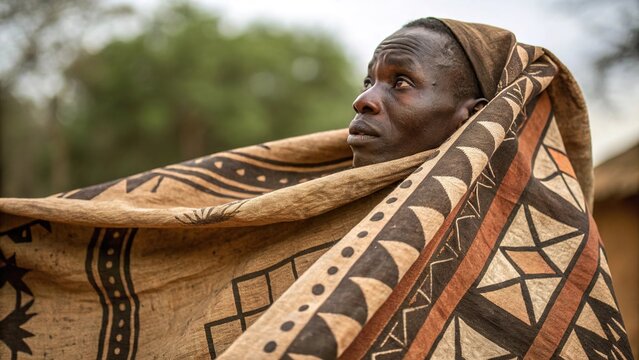 African mud cloth drapes elegantly over a person showcasing rich cultural history and craftsmanship in a rustic outdoor setting