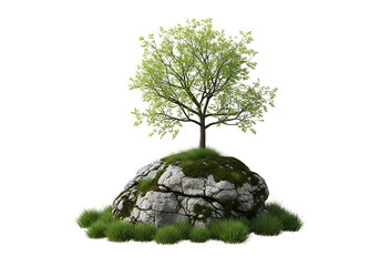 A solitary tree stands tall atop a rocky outcrop, showcasing a serene and peaceful natural scene.