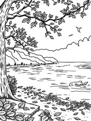 Fototapeta premium Minimilist a scenic view of a tree with leaves overlooking a lake with mountains and a dolphin in the distance near birds vector