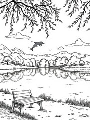 Fototapeta premium Minimilist a serene lake scene with a bench, dolphin, mountains, trees, and clouds under hanging branches above all vector