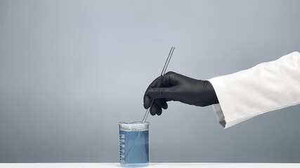 Scientist hand in black nitrile glove stirring blue chemical solution in glass beaker with glass stirring rod, laboratory experiment for scientific research and chemistry education - Powered by Adobe