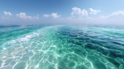 Ocean Green Water Cinematic HDR Seascape with Sparkling Sunlight Reflections under Blue Sky and Fluffy White Clouds in a Serene Tropical Environment