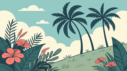 Tropical paradise illustration with palm trees, hibiscus flowers, and serene sky background scene vector