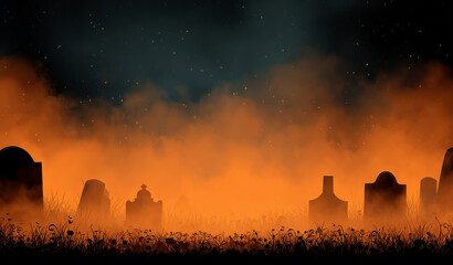 Halloween background with tombstones at bottom, upper fog left for copy