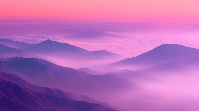 Majestic mountains stand tall under the twilight sky, where soft pink and purple hues blend gently with misty peaks, crafting an ethereal landscape that radiates calm and otherworldly beauty.