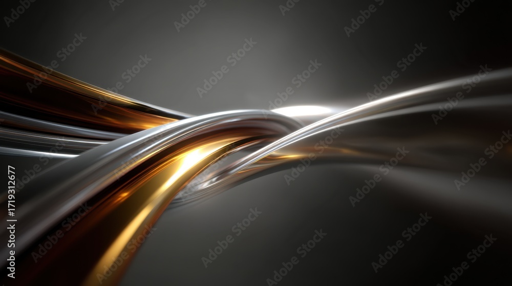 Poster abstract metallic waves of gold and silver twisting together in a dynamic flow against a dark backgr