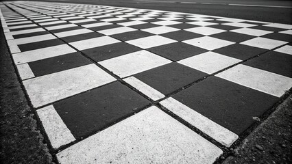 Checkered black and white pavement creating a dynamic visual pattern for urban pathways at midday