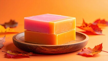Stacked pink-orange soaps on wood dish, surrounded by autumn leaves against an orange backdrop, evoking cleanliness and seasonal change
