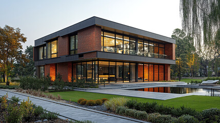 Modern two storey house with brick and glass exterior surrounded by landscaped garden and pool, featuring warm interior lighting and contemporary design in peaceful setting