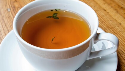 A Serene Cup of Herbal Tea with Fresh Leaves in a White Ceramic Cup on a Wooden Table