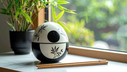 Ceramic bowl, bamboo motif, chopsticks, windowsill, bright, natural light, lush green foliage outside, potted plant in the corner, modern